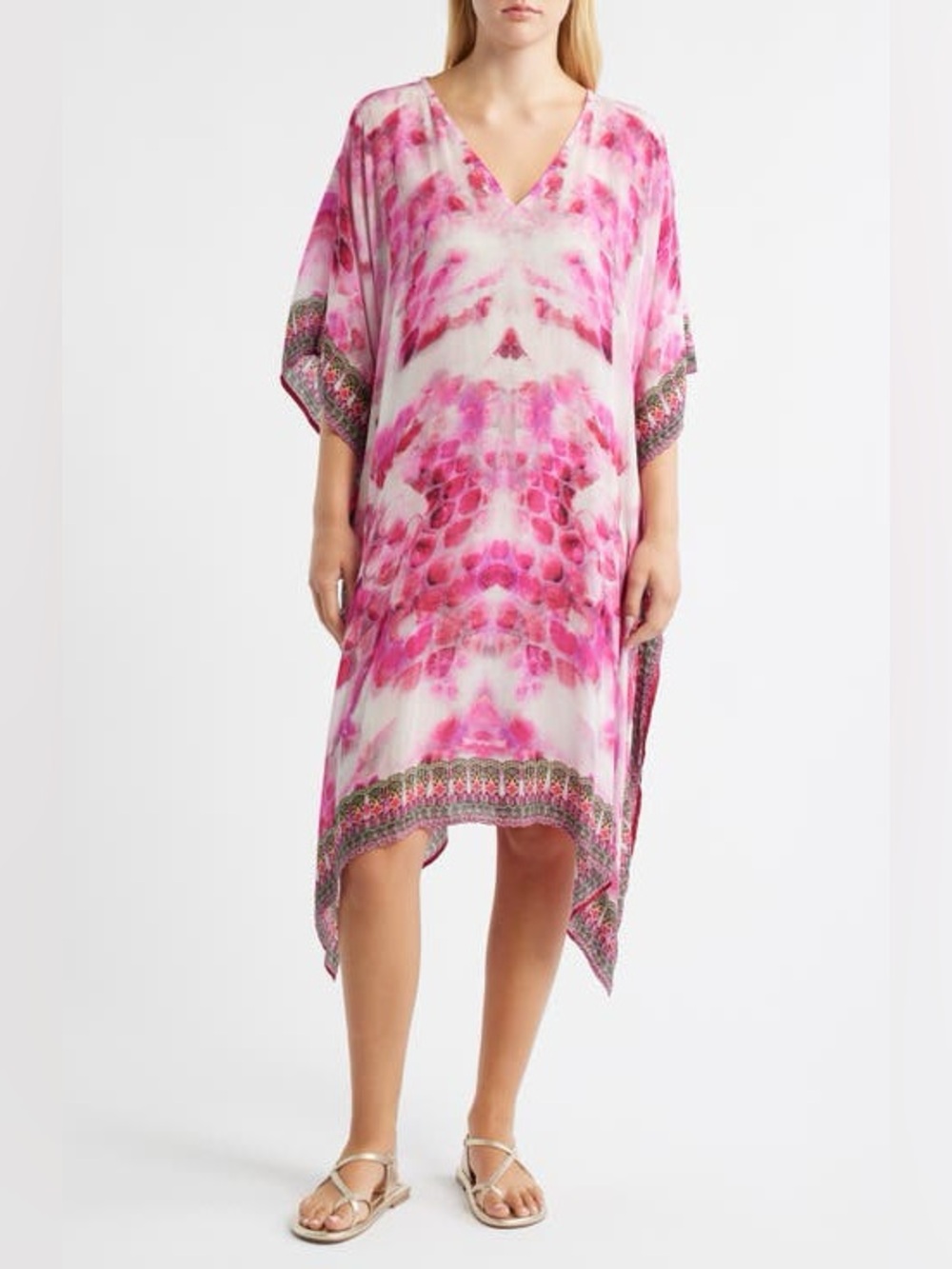 APNY Silky Midi Caftan Dress Pink Watercolor One Size Boho Chic Vacation